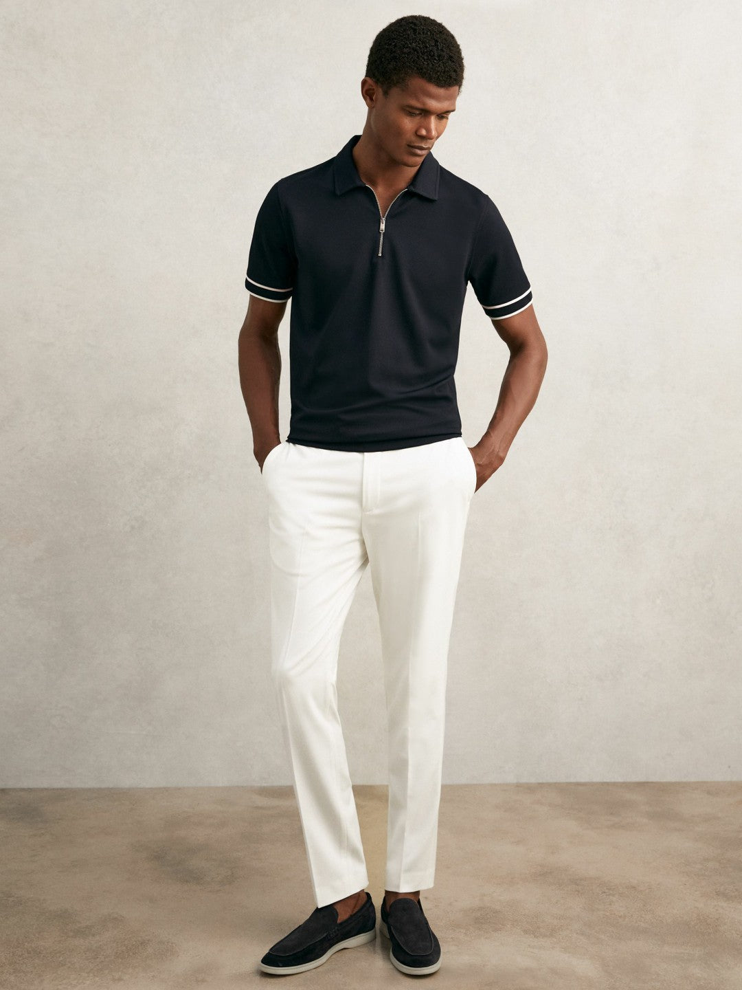 Textured Half-Zip Tipped Polo Shirt Navy | Mens