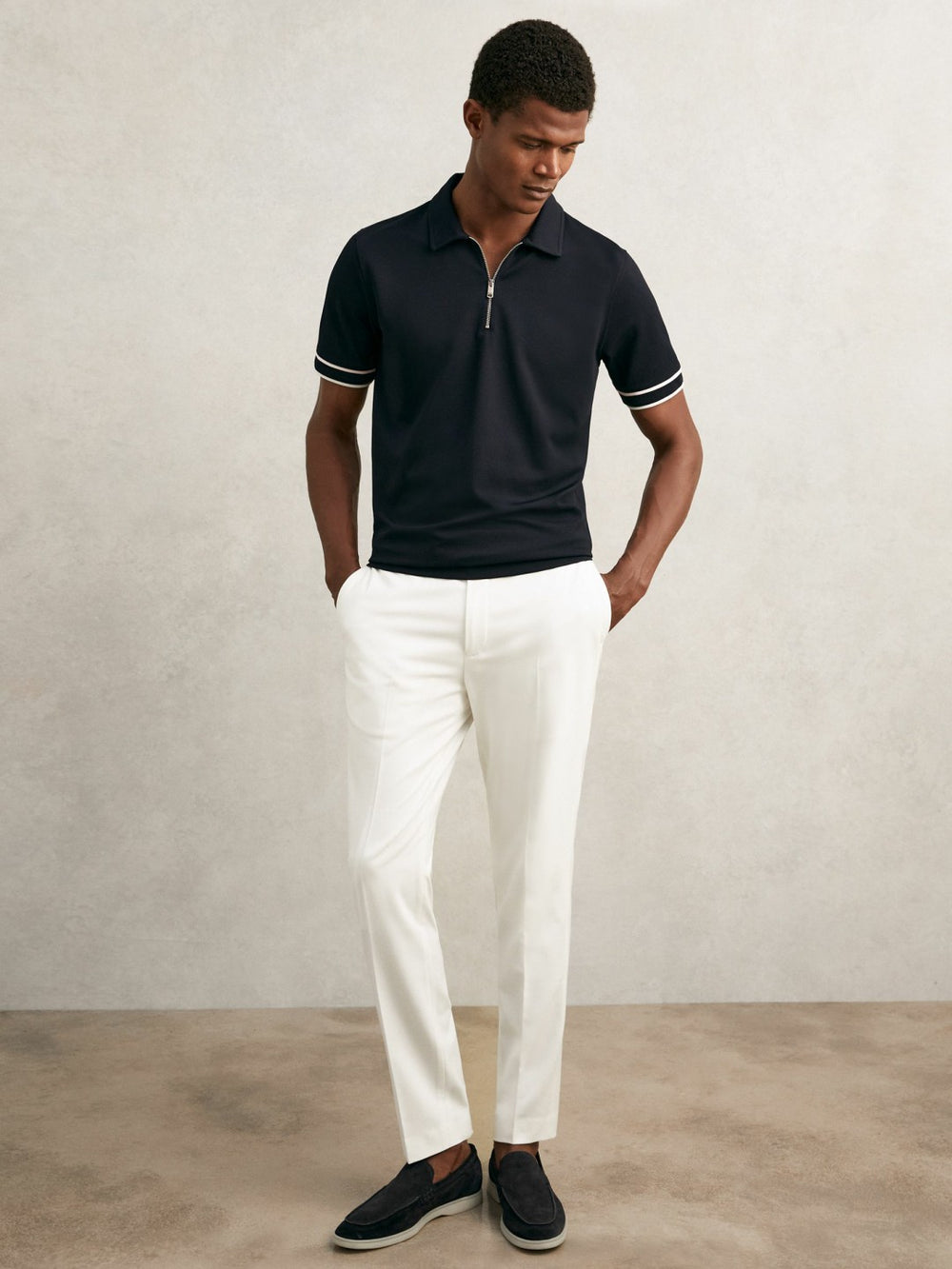 Textured Half-Zip Tipped Polo Shirt Navy | Mens