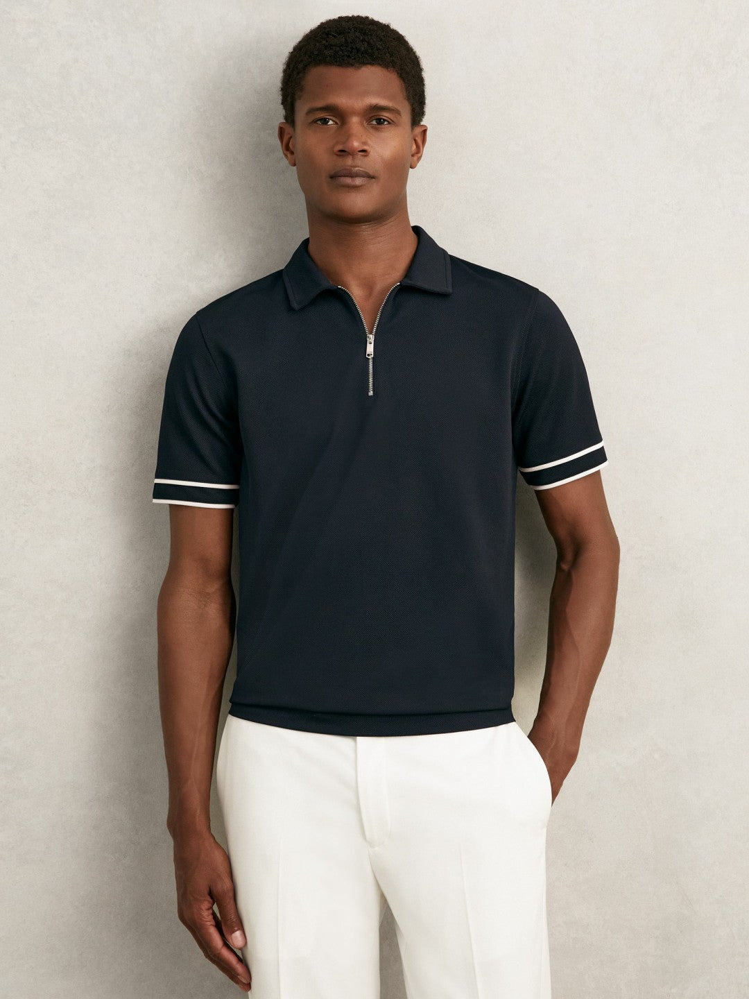 Textured Half-Zip Tipped Polo Shirt Navy | Mens