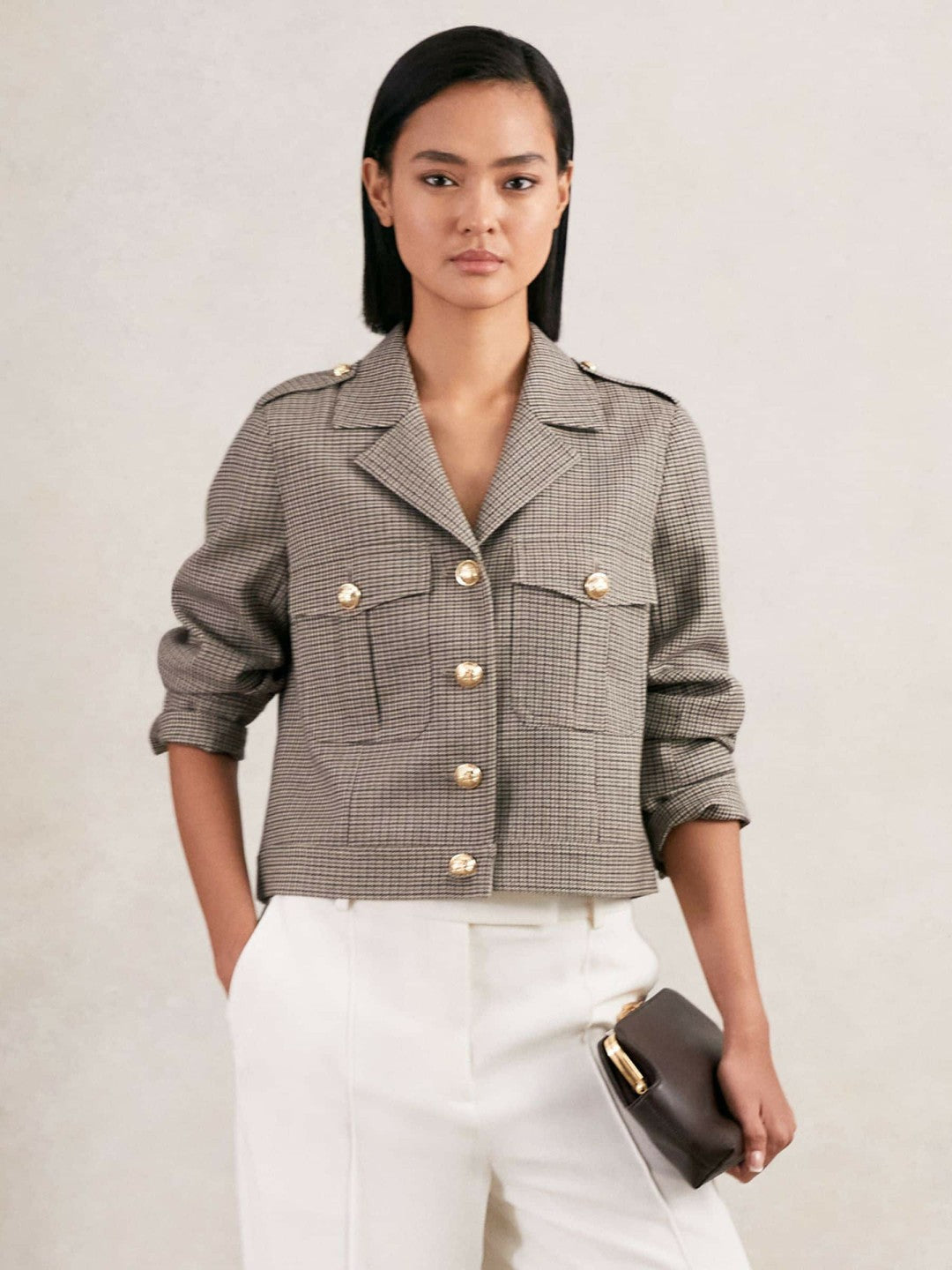 Wool Twin-Pocket Cropped Jacket Neutral Check | Womens