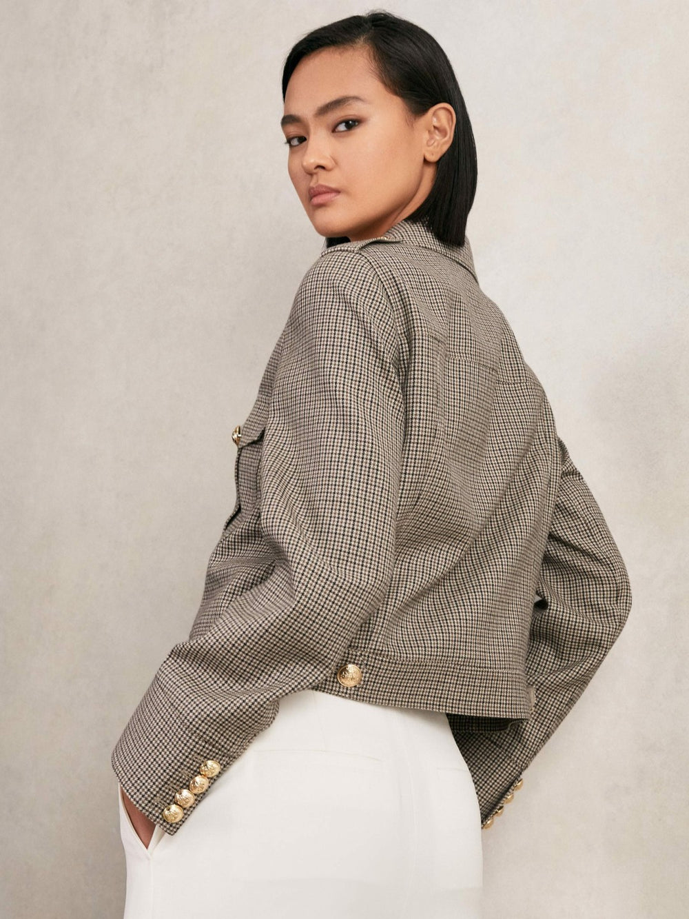 Wool Twin-Pocket Cropped Jacket Neutral Check | Womens