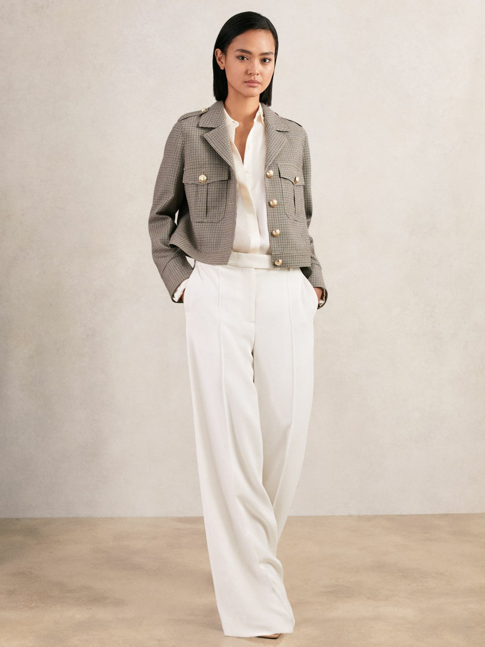 Wool Twin-Pocket Cropped Jacket Neutral Check | Womens