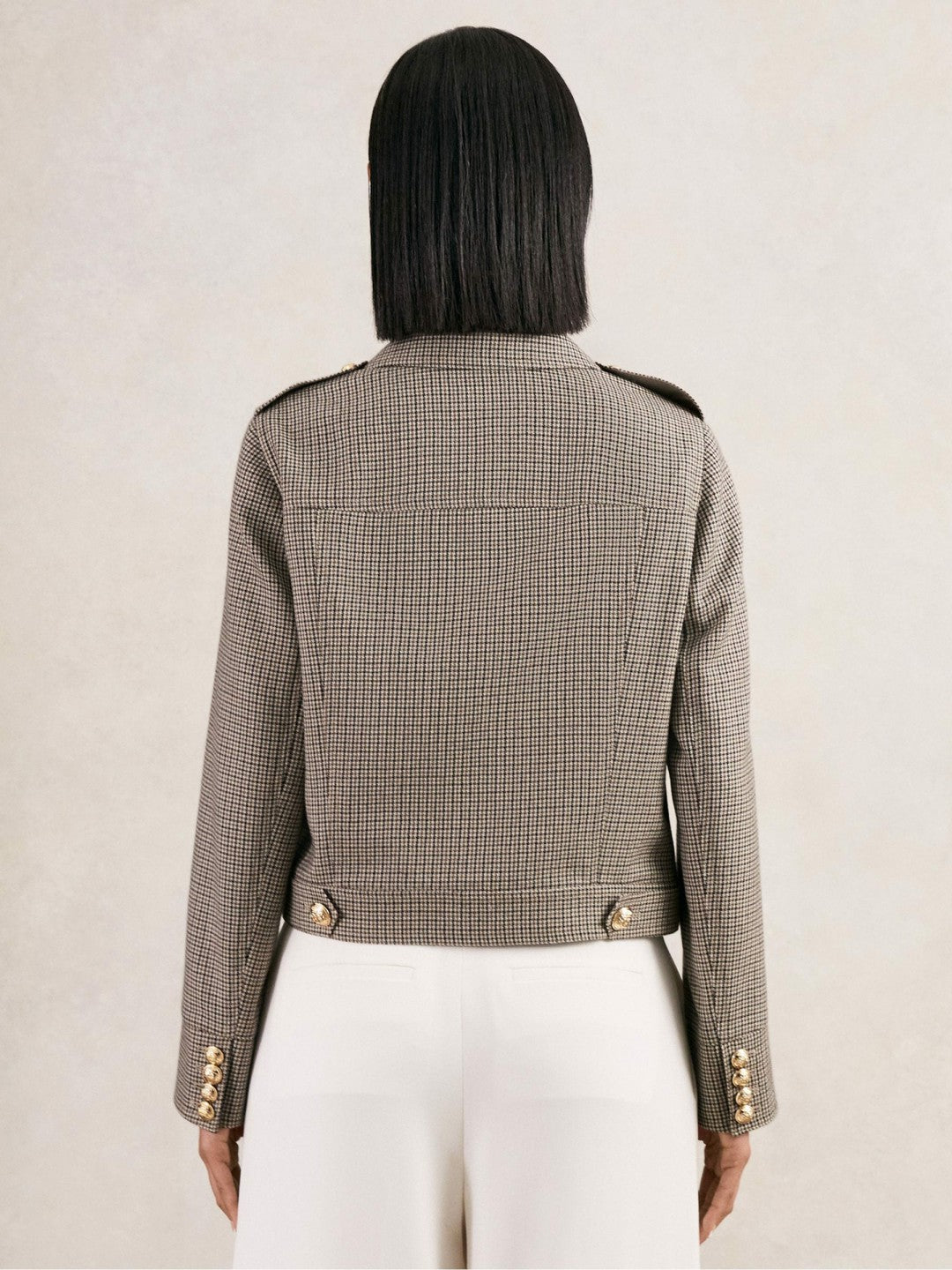Wool Twin-Pocket Cropped Jacket Neutral Check | Womens