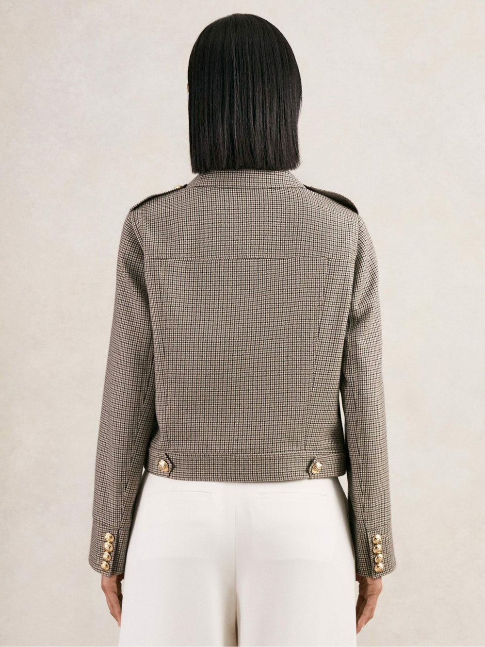 Wool Twin-Pocket Cropped Jacket Neutral Check | Womens