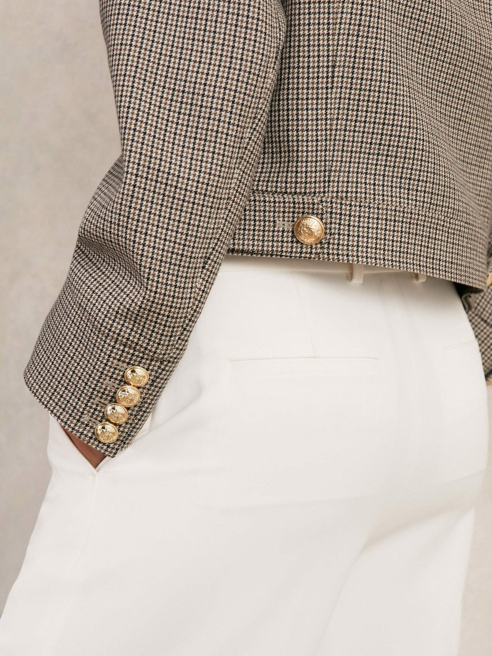 Wool Twin-Pocket Cropped Jacket Neutral Check | Womens