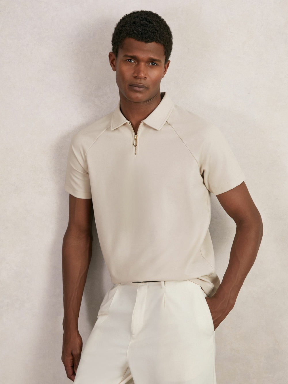 Textured Raglan Half-Zip Polo Shirt Stone | Mens