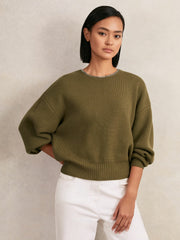Wool-Blend Necklace-Trim Jumper with Cashmere Sage Green | Womens