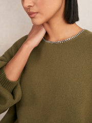 Wool-Blend Necklace-Trim Jumper with Cashmere Sage Green | Womens