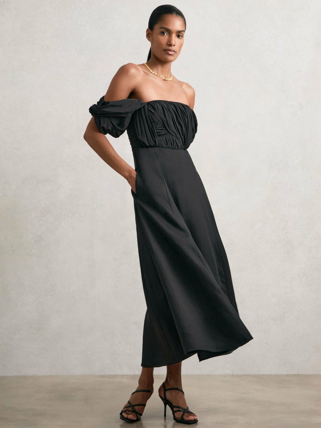 Bardot Sculpted Bodice Midi Dress With Linen Black | Womens