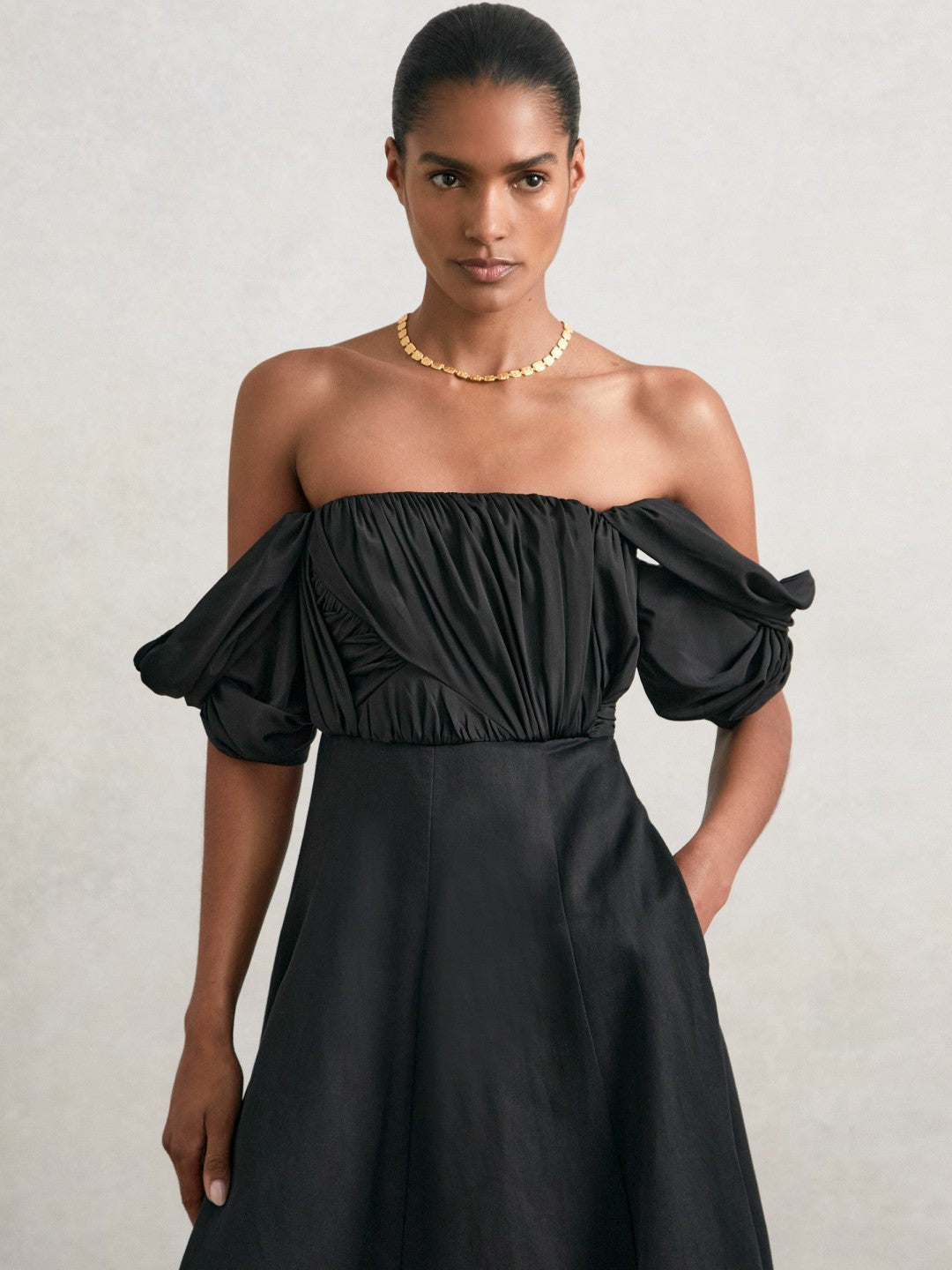 Bardot Sculpted Bodice Midi Dress With Linen Black | Womens