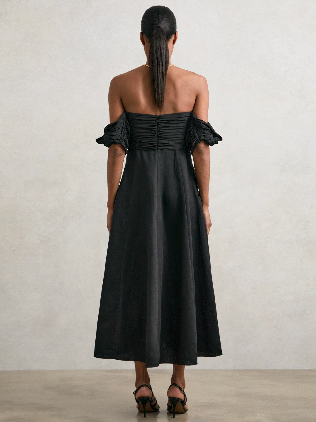 Bardot Sculpted Bodice Midi Dress With Linen Black | Womens