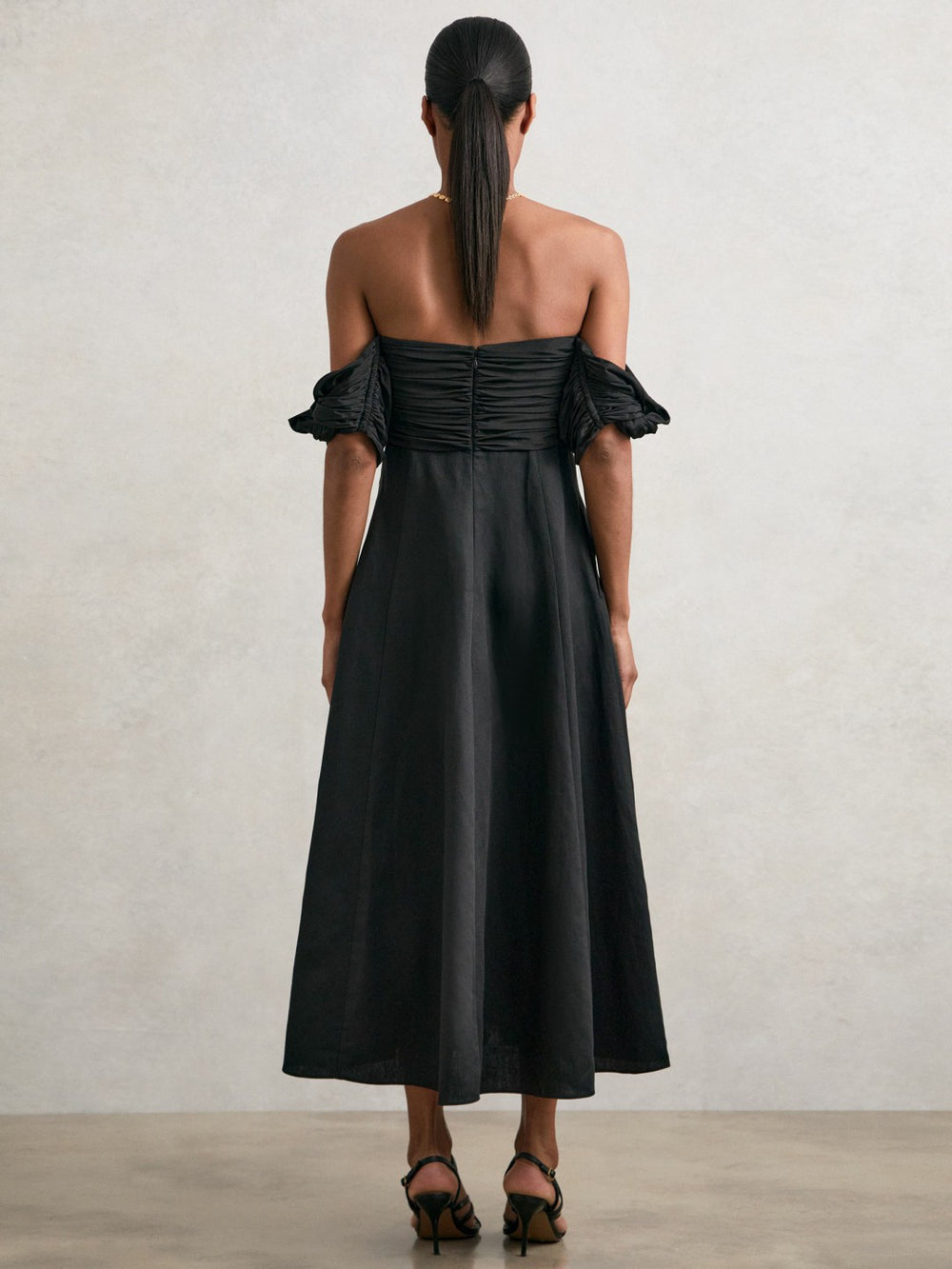 Bardot Sculpted Bodice Midi Dress With Linen Black | Womens