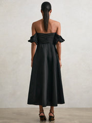 Bardot Sculpted Bodice Midi Dress With Linen Black | Womens