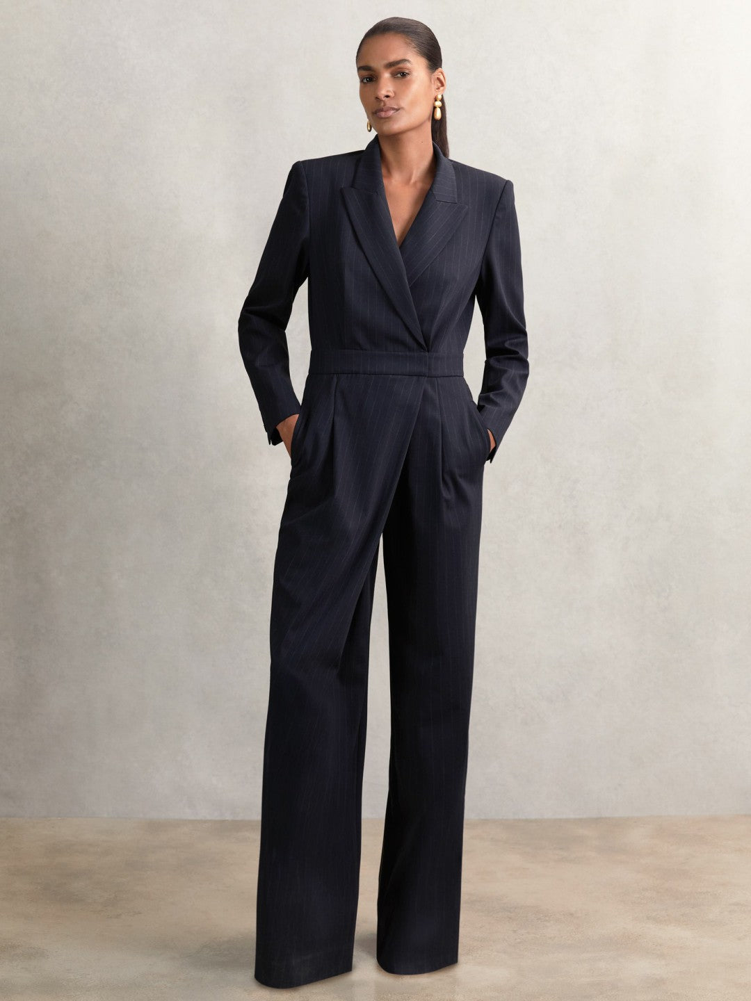 Pinstripe Tailored Wide-Leg Jumpsuit with Wool Navy | Womens