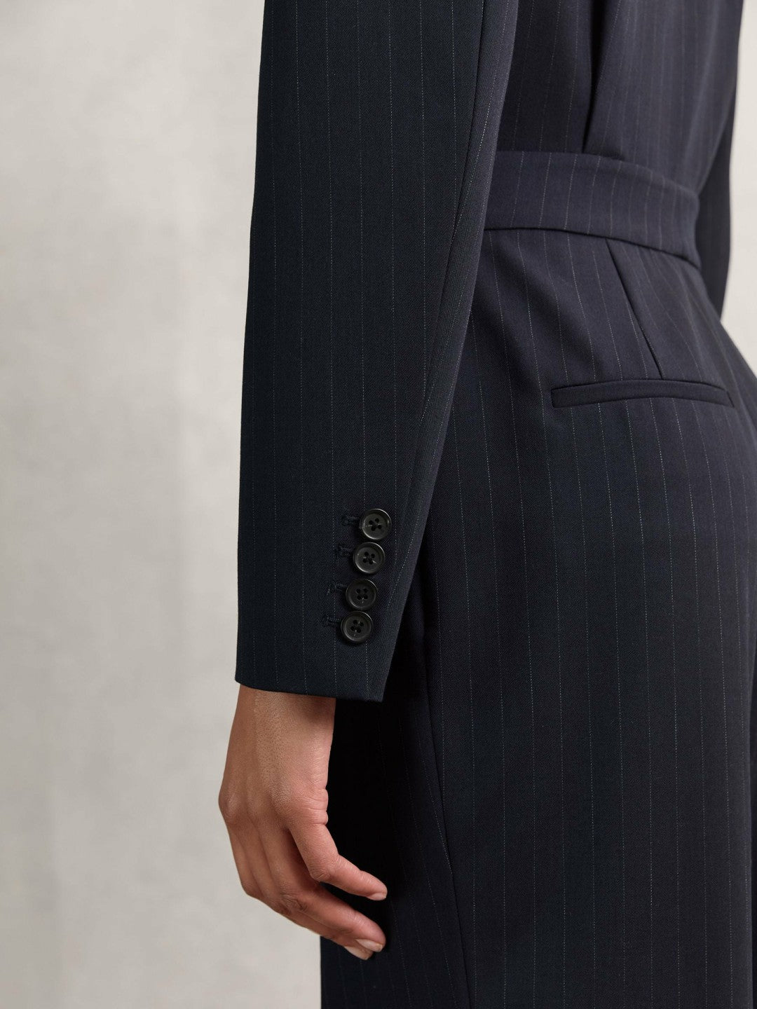 Pinstripe Tailored Wide-Leg Jumpsuit with Wool Navy | Womens