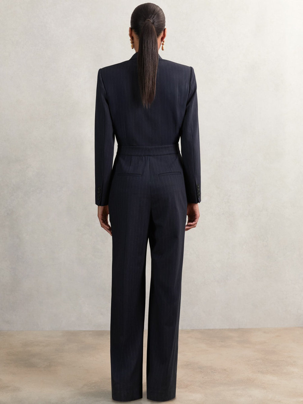 Pinstripe Tailored Wide-Leg Jumpsuit with Wool Navy | Womens