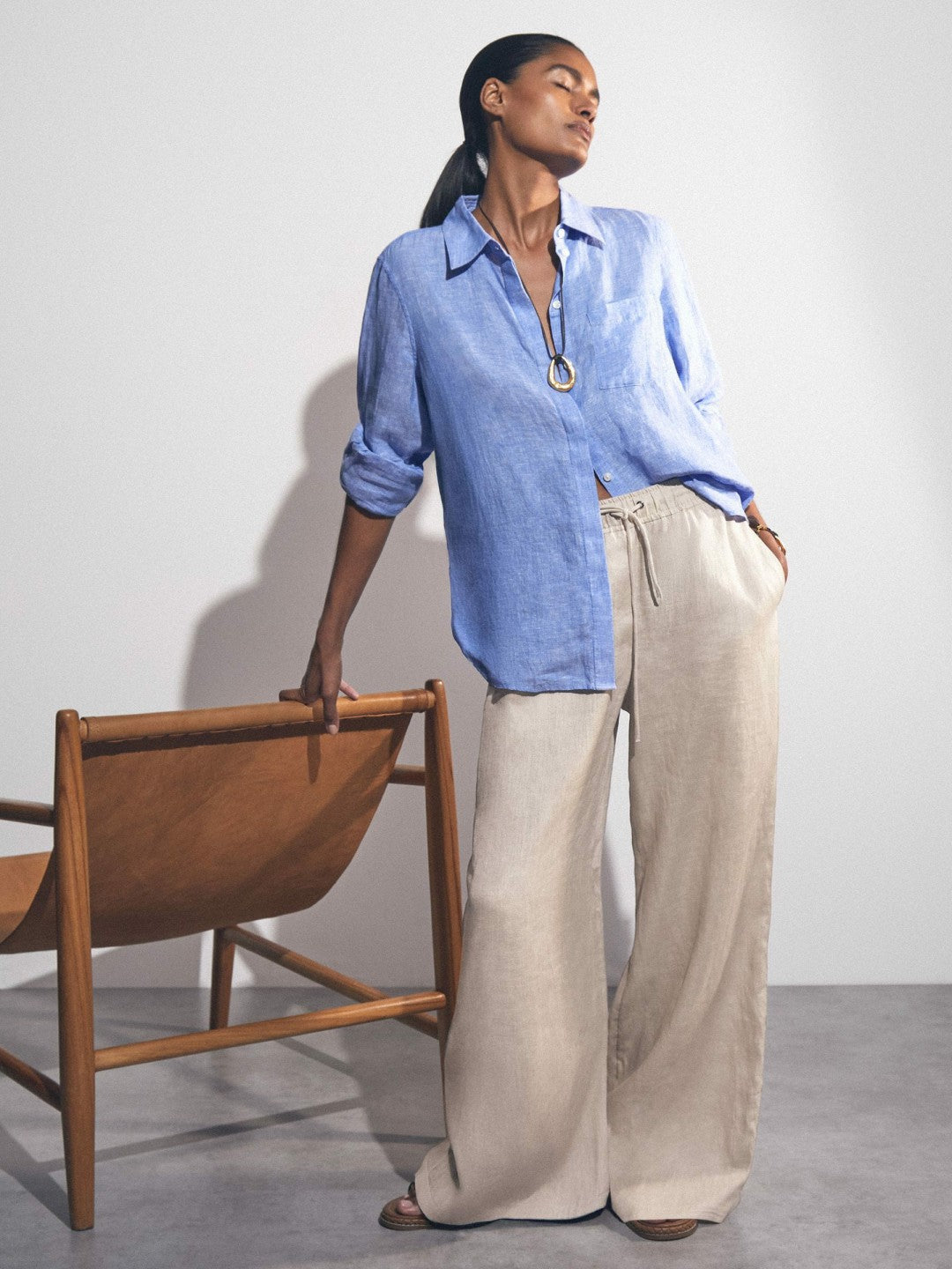 Linen-Blend Wide-Leg Trousers Neutral | Womens