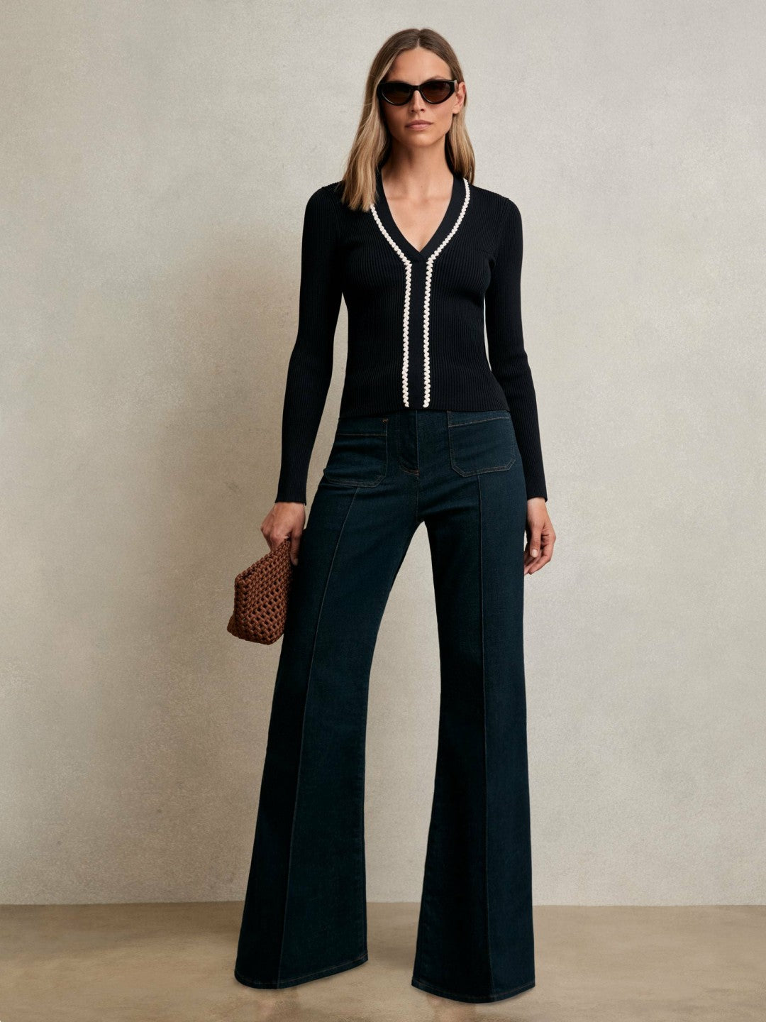 Craft-Stitch Rib-Knit Top Navy/White | Womens