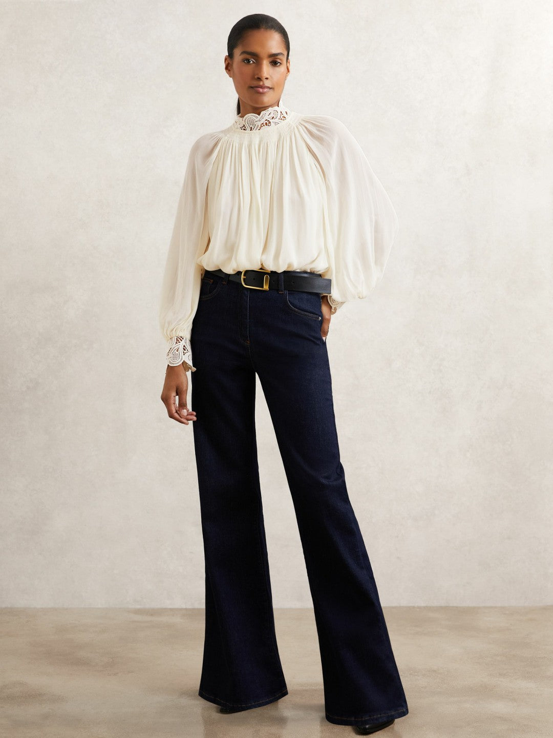 Lace-Trim Draped Chiffon Top Cream | Womens