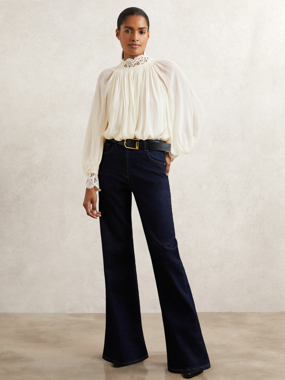 Lace-Trim Draped Chiffon Top Cream | Womens