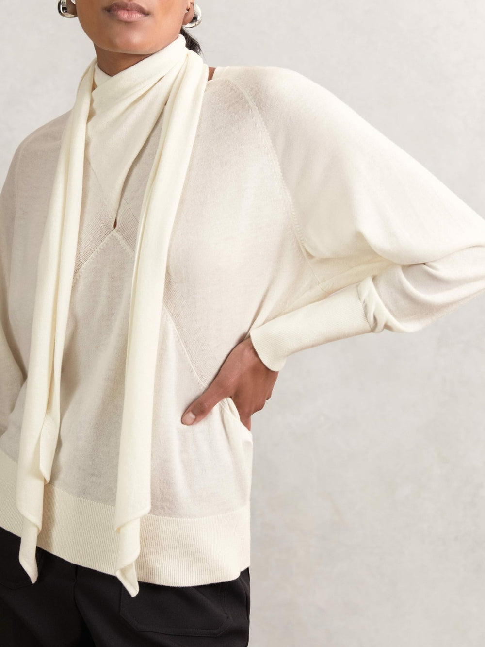 Wool Scarf-Tie Draped Jumper Cream | Womens