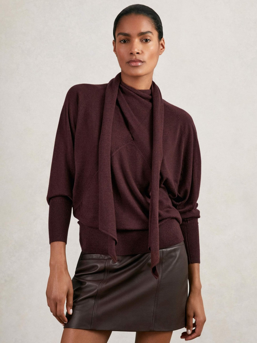 Wool Scarf-Tie Draped Jumper Burgundy | Womens