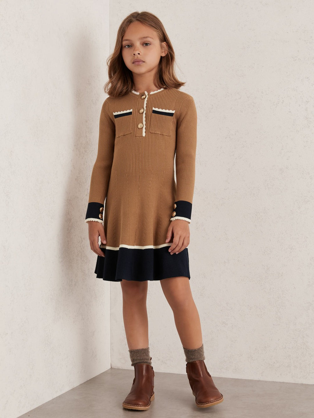 3-9 yrs Scallop-Trim Rib-Knit Dress Camel | Children