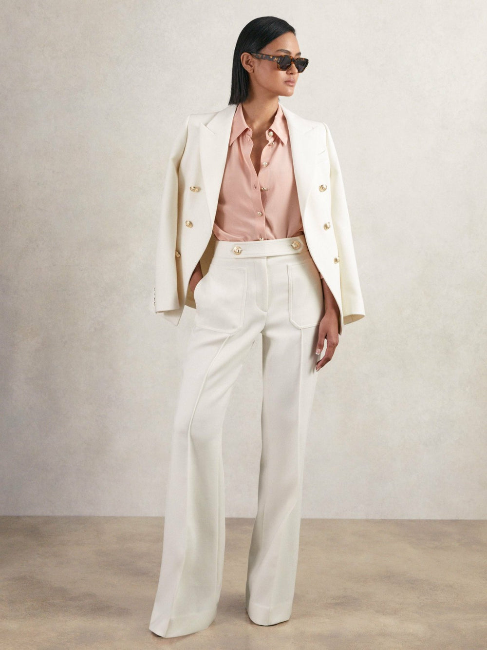 Twill Button-Tab Flared Trousers With Wool White | Womens