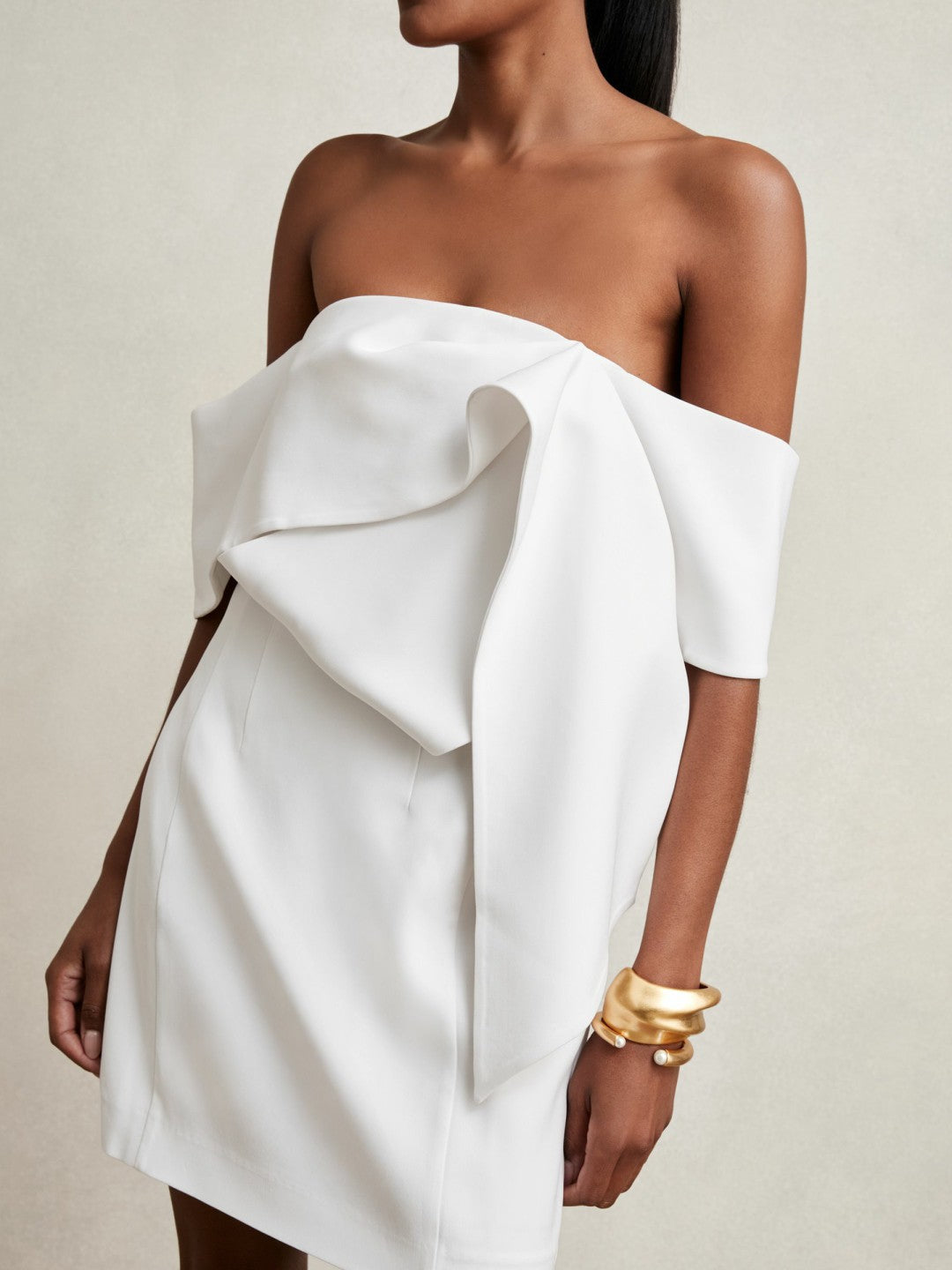 Sculptural Off-Shoulder Mini Dress Ivory | Womens