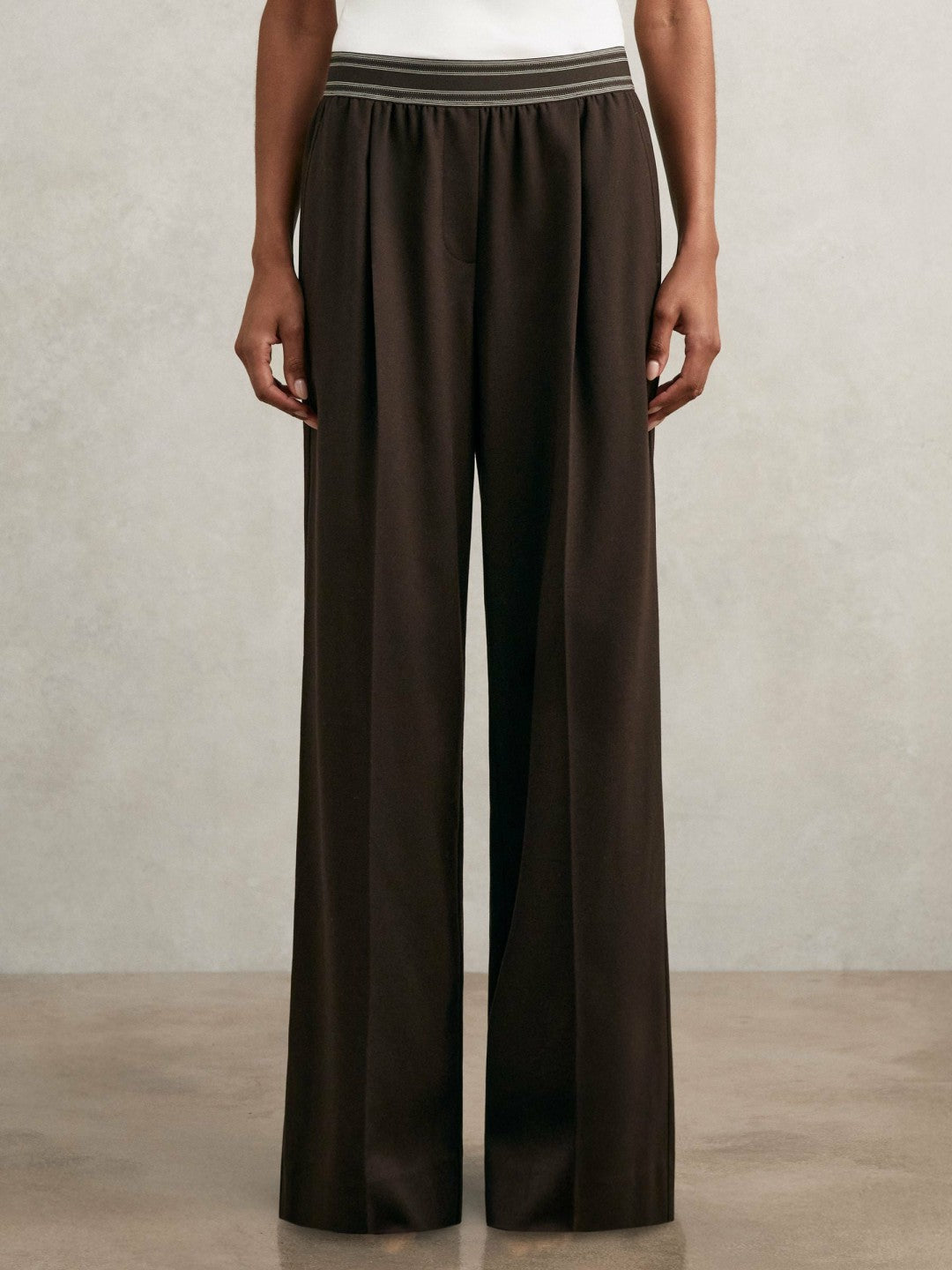 Wide-Leg Contrast-Waistband Trousers Chocolate Brown | Womens