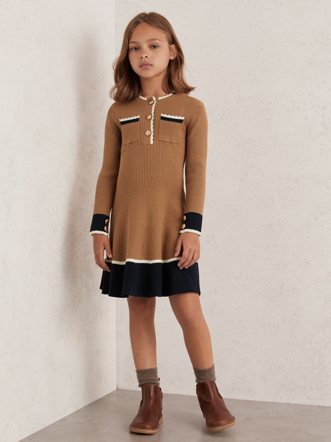 9-13 yrs Scallop-Trim Rib-Knit Dress Camel | Children