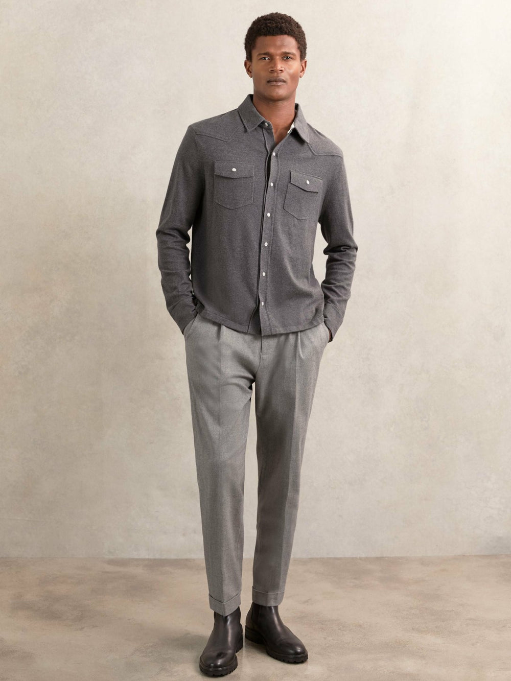 Cotton-Cashmere Western Knitted Shirt Charcoal Grey | Mens