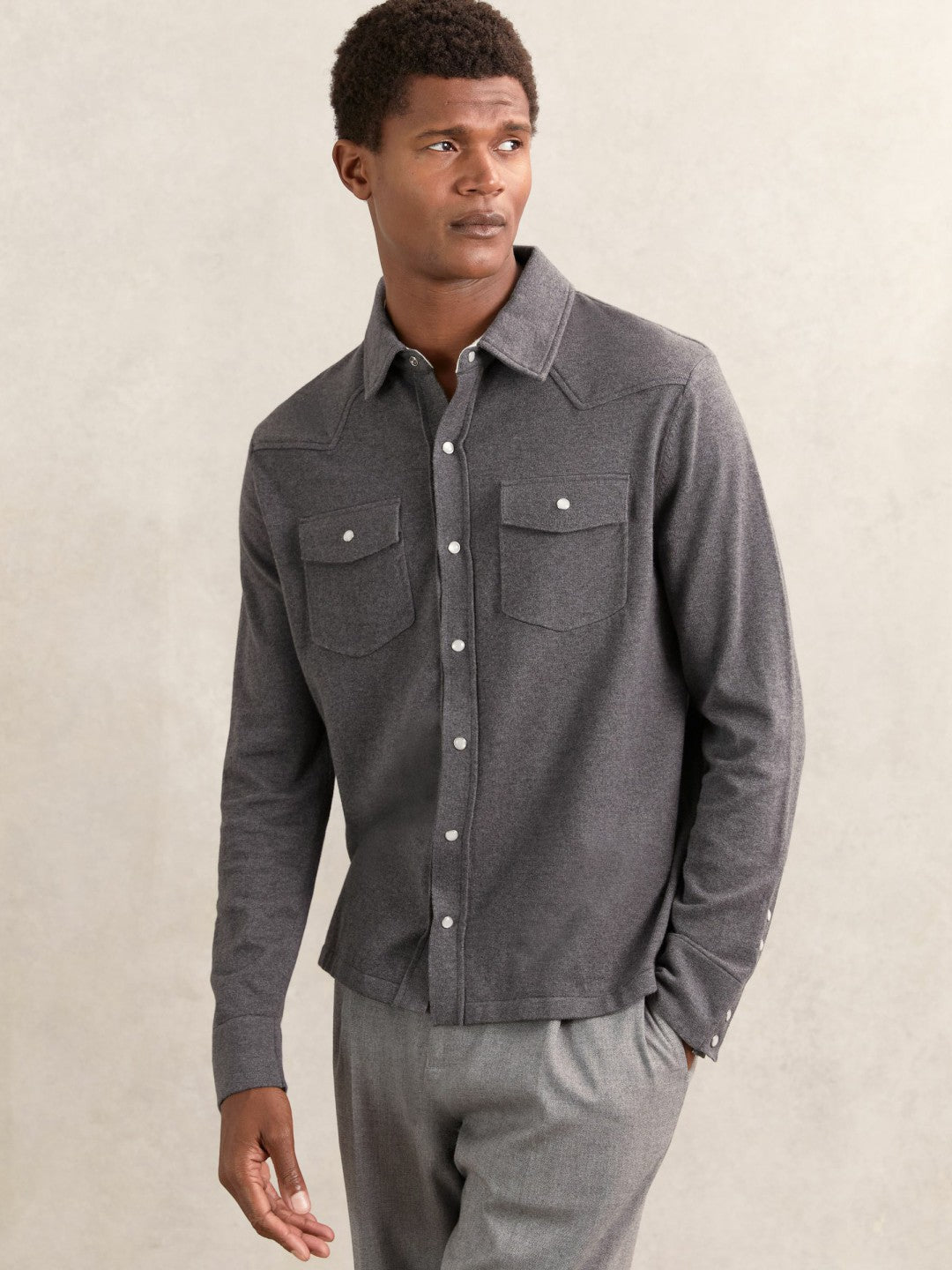 Cotton-Cashmere Western Knitted Shirt Charcoal Grey | Mens