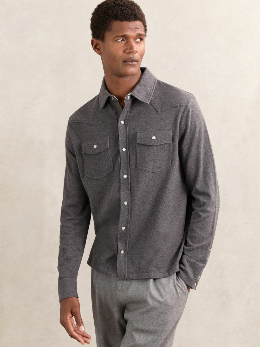 Cotton-Cashmere Western Knitted Shirt Charcoal Grey | Mens