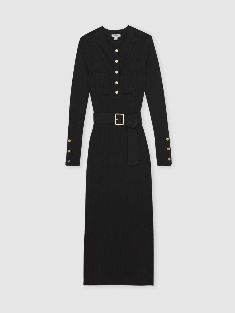 Buttoned Rib-Knit Midi Dress Black | Womens