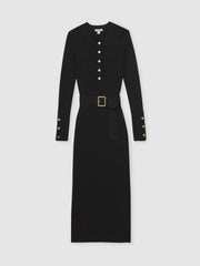 Buttoned Rib-Knit Midi Dress Black | Womens