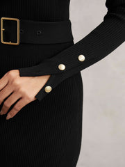 Buttoned Rib-Knit Midi Dress Black | Womens
