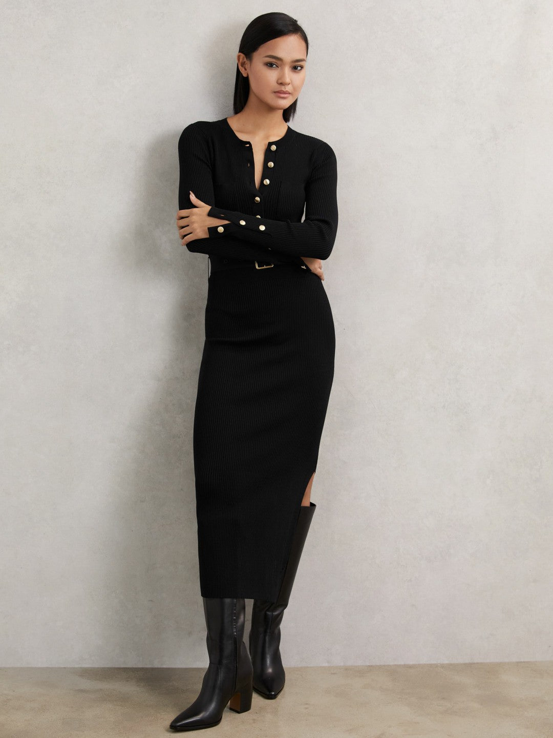 Buttoned Rib-Knit Midi Dress Black | Womens