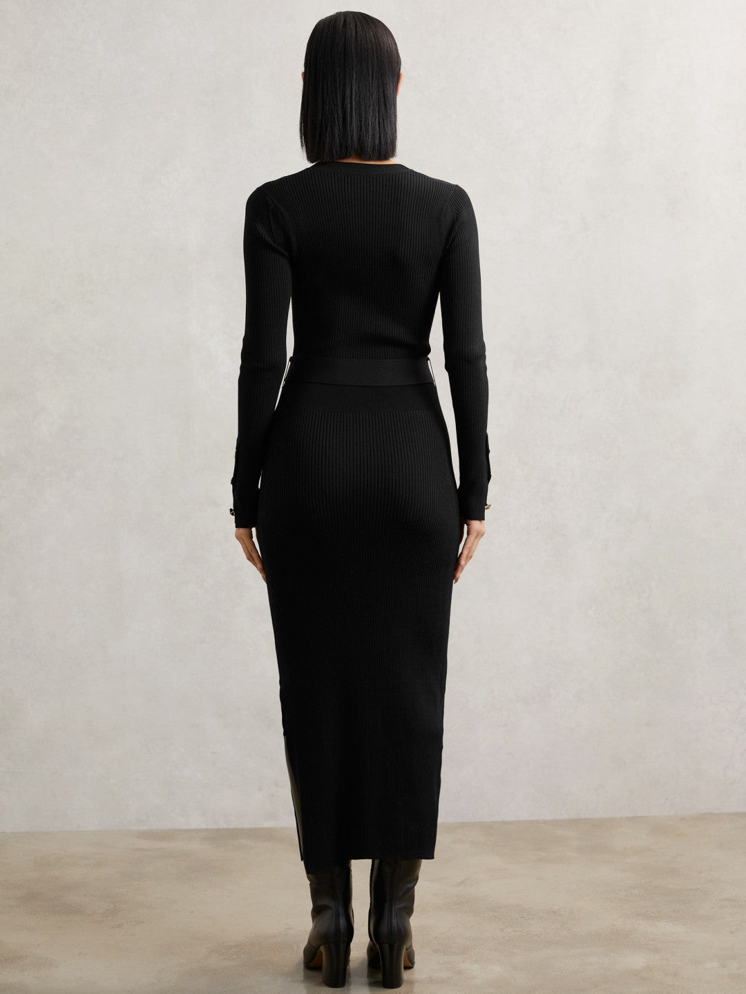 Buttoned Rib-Knit Midi Dress Black | Womens