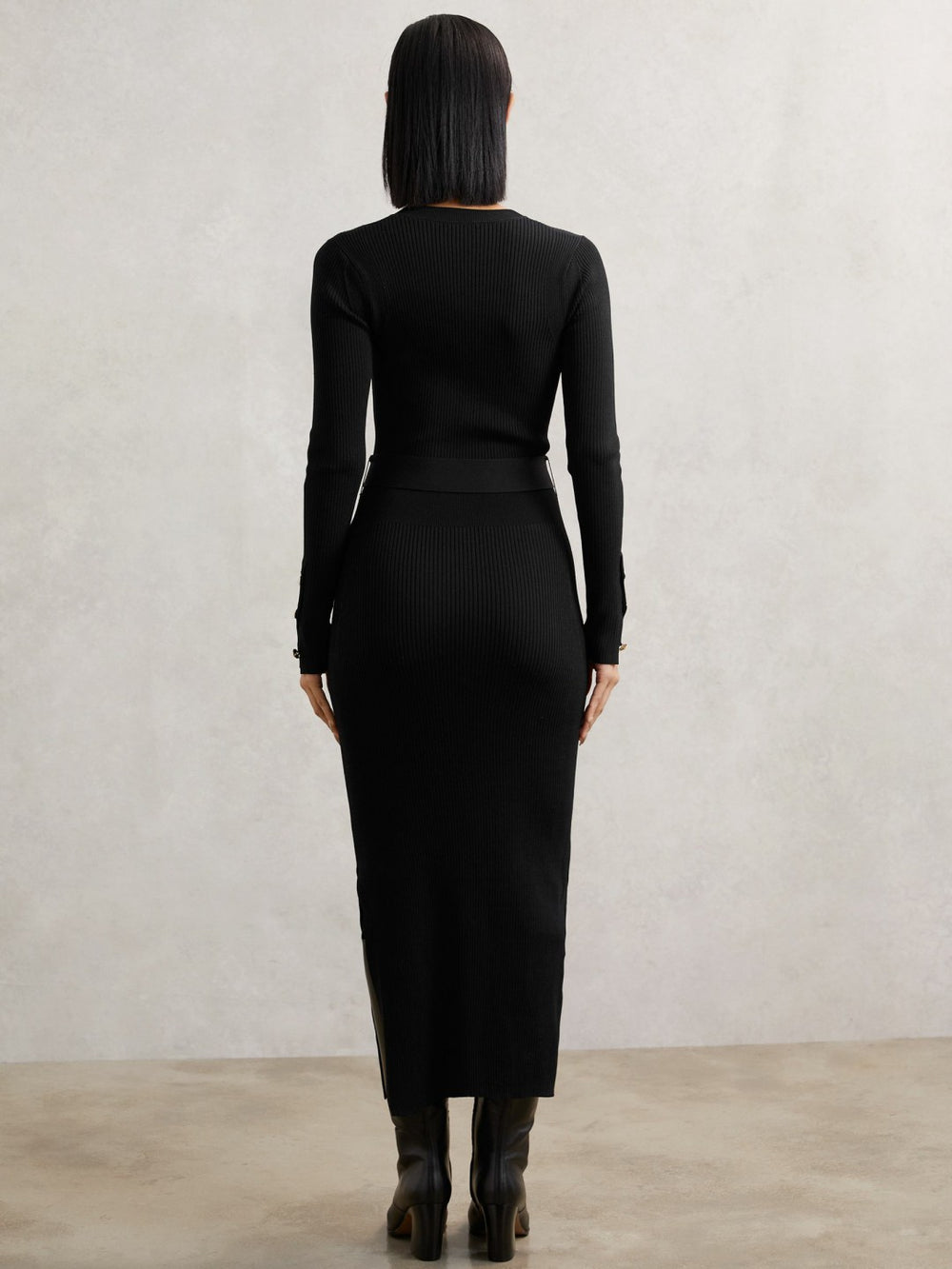 Buttoned Rib-Knit Midi Dress Black | Womens