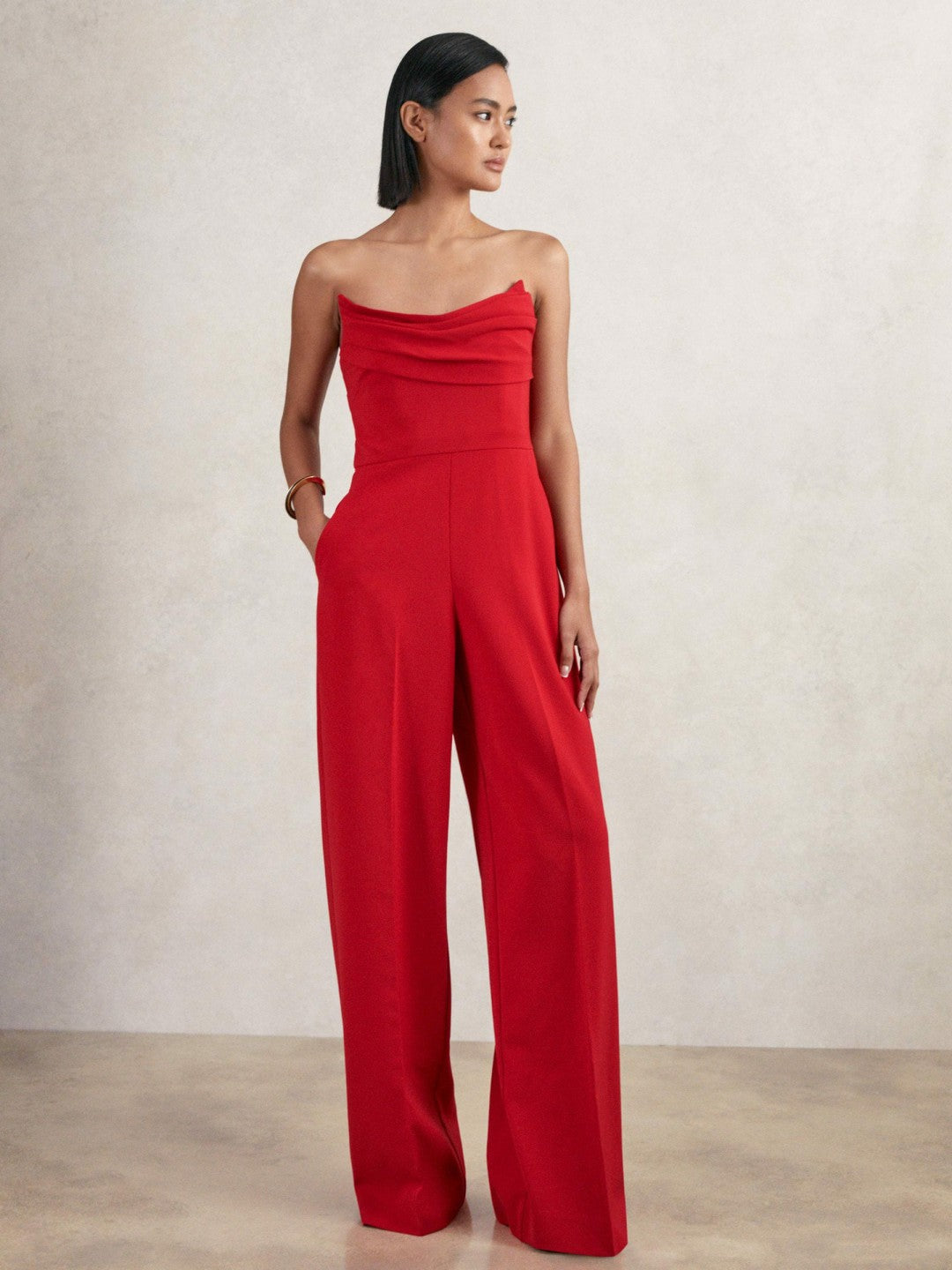 Structured Strapless Wide-Leg Jumpsuit Red | Womens