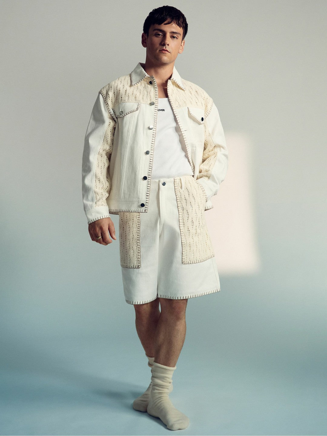 | Tom Daley Crochet Denim Jacket Off White | Mens