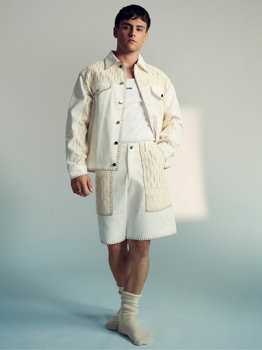 | Tom Daley Crochet Denim Jacket Off White | Mens