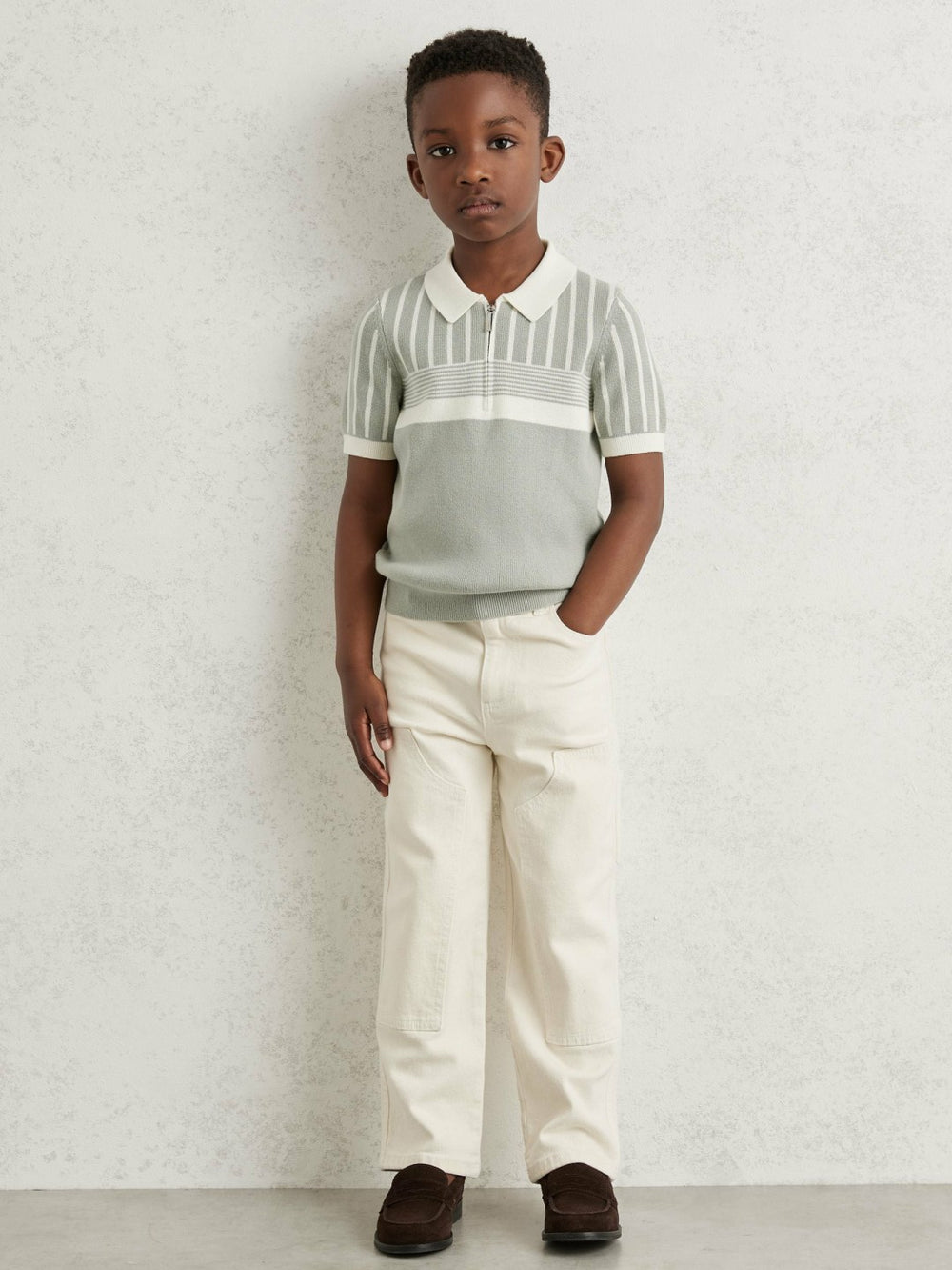 3-9 yrs Cotton Stripe Knit Half-Zip Polo Shirt Sage Green/Off White | Children