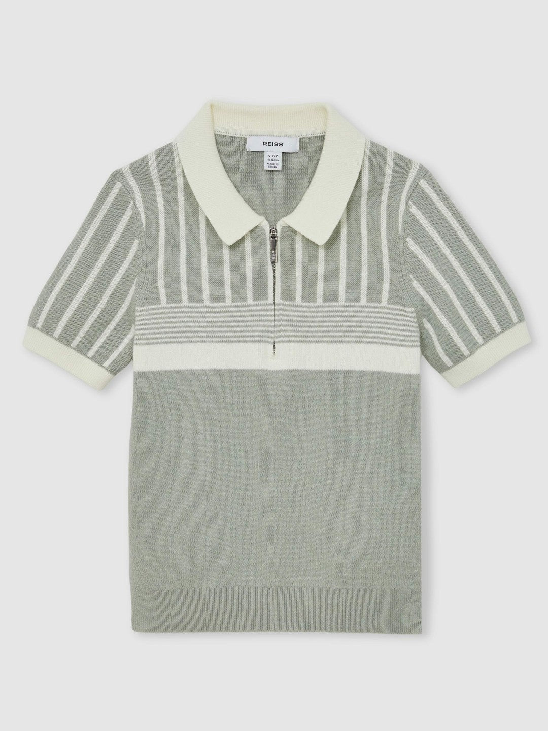 3-9 yrs Cotton Stripe Knit Half-Zip Polo Shirt Sage Green/Off White | Children