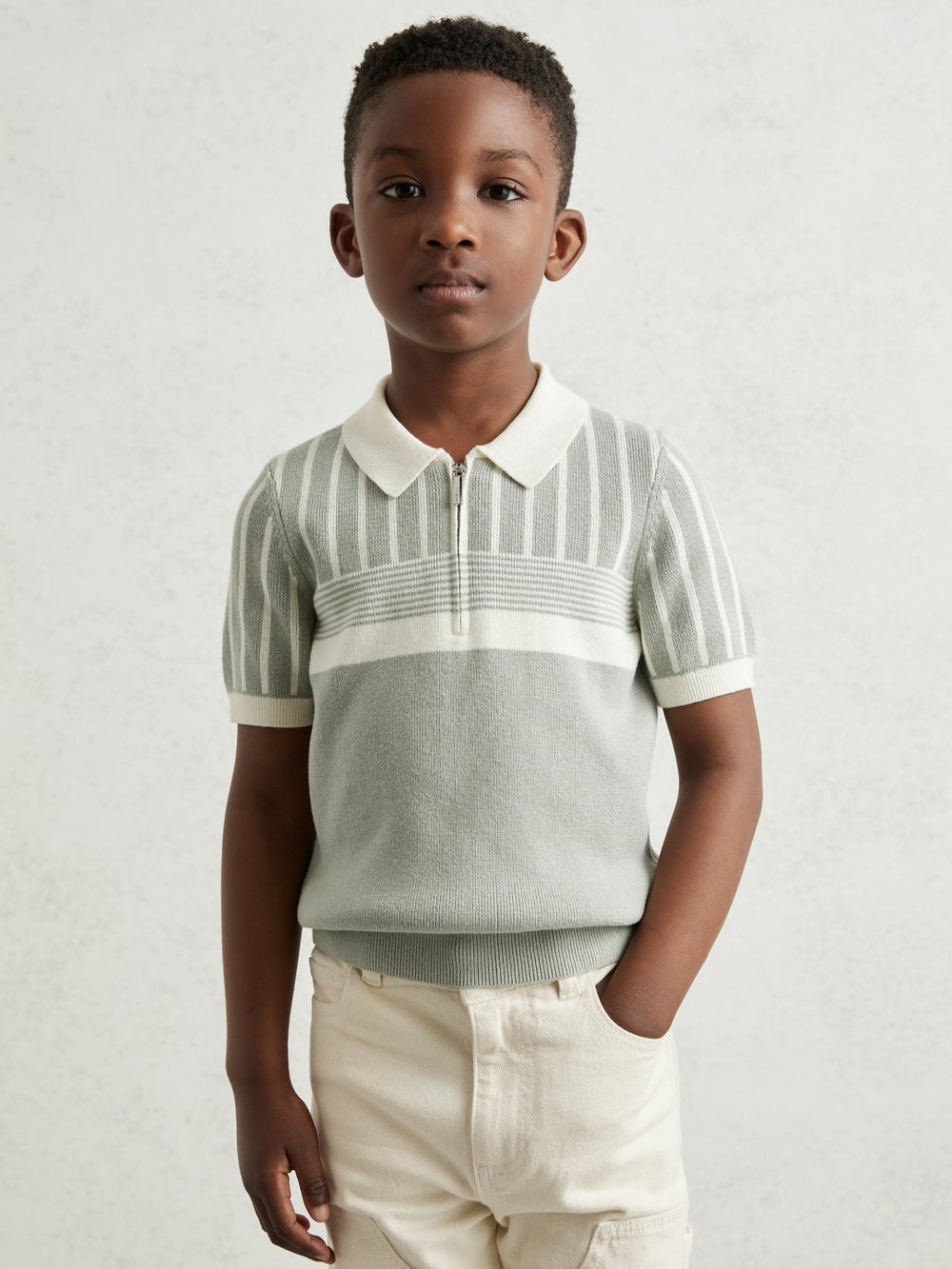 3-9 yrs Cotton Stripe Knit Half-Zip Polo Shirt Sage Green/Off White | Children