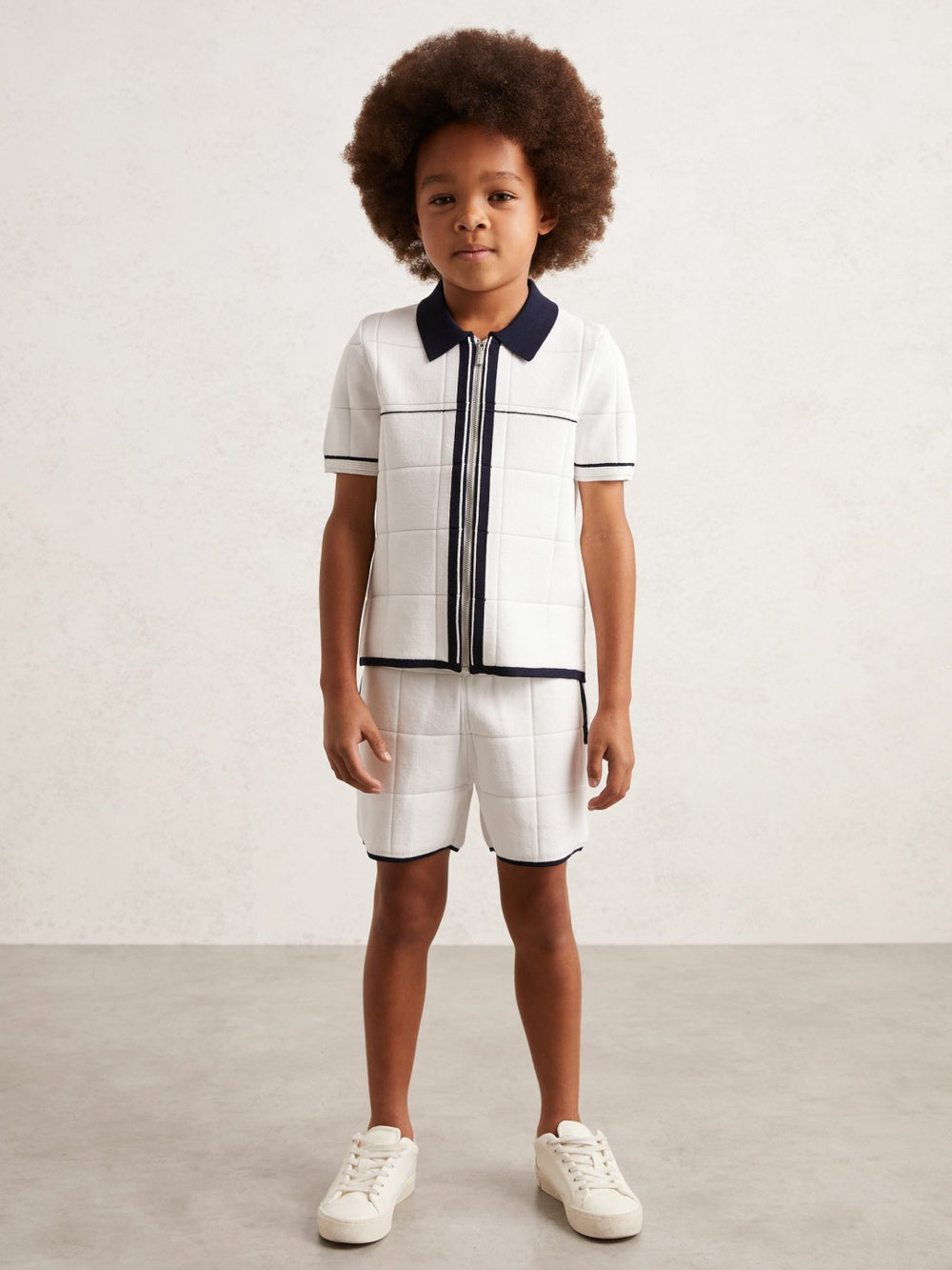 13-14 yrs Tipped Knit Zip-Through Shirt White/Navy | Children