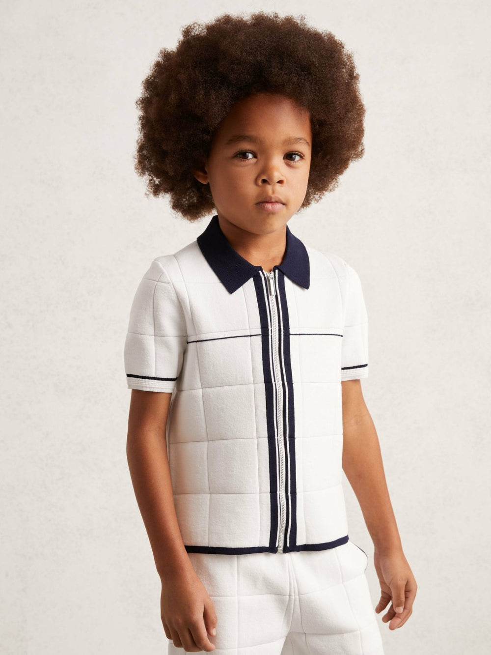 13-14 yrs Tipped Knit Zip-Through Shirt White/Navy | Children
