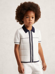 13-14 yrs Tipped Knit Zip-Through Shirt White/Navy | Children