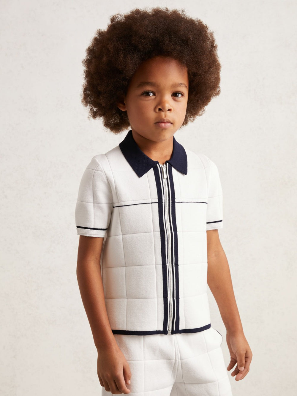 9-13 yrs Tipped Knit Zip-Through Shirt White/Navy | Children